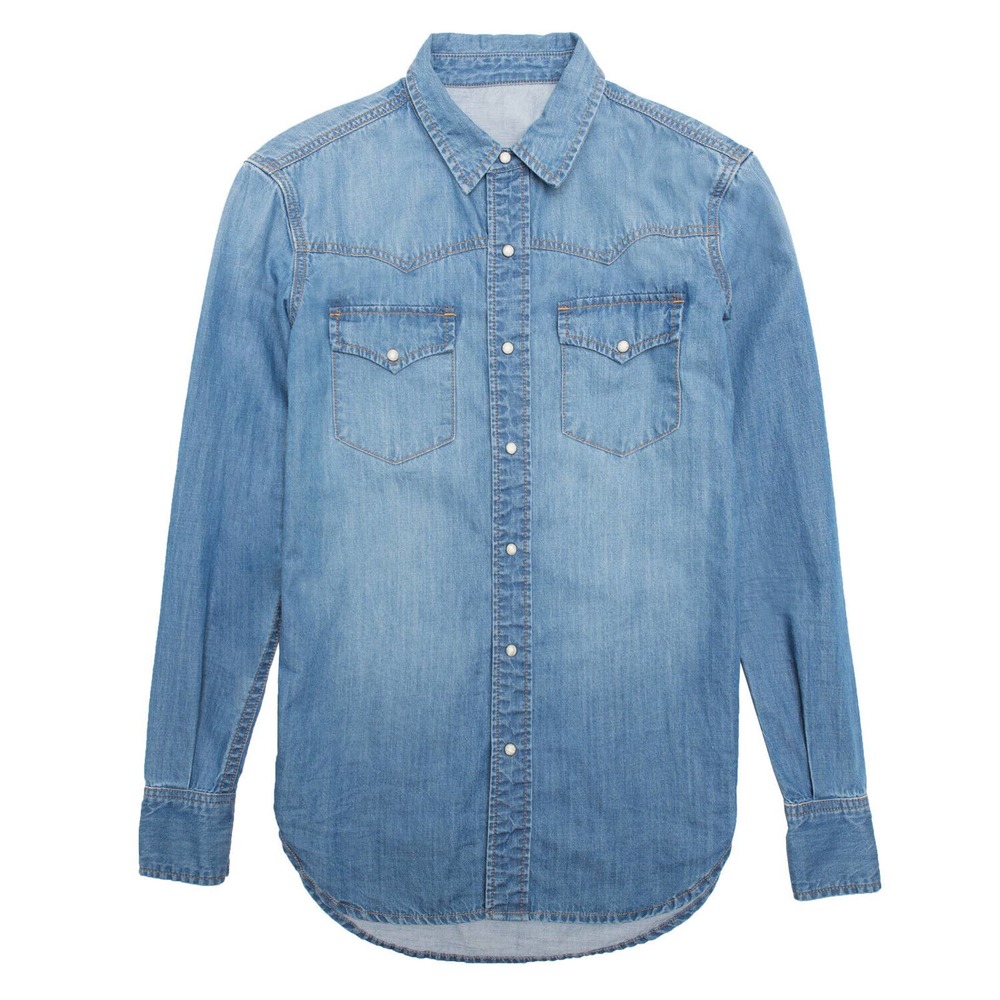 NEW DSTLD Blue Denim Long Sleeve Pearl Snap Shirt in Light Vintage Sz S MSRP $75 - Picture 3 of 9